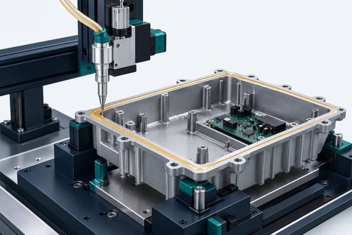 Illustration of an automated dispensing nozzle applying an adhesive bead to the flange of an open electronics housing