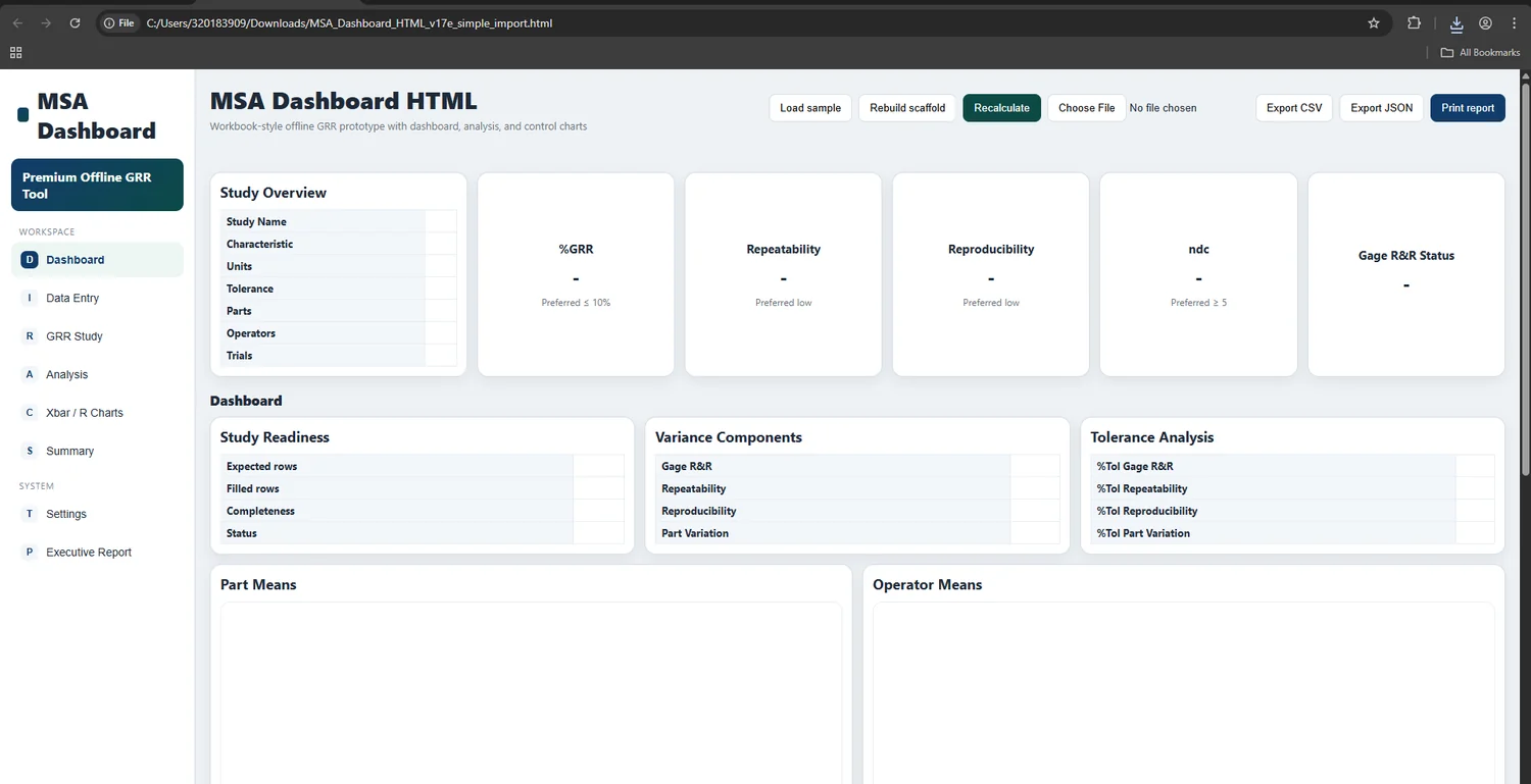Gage R&R Excel tool and MSA Studio dashboard preview