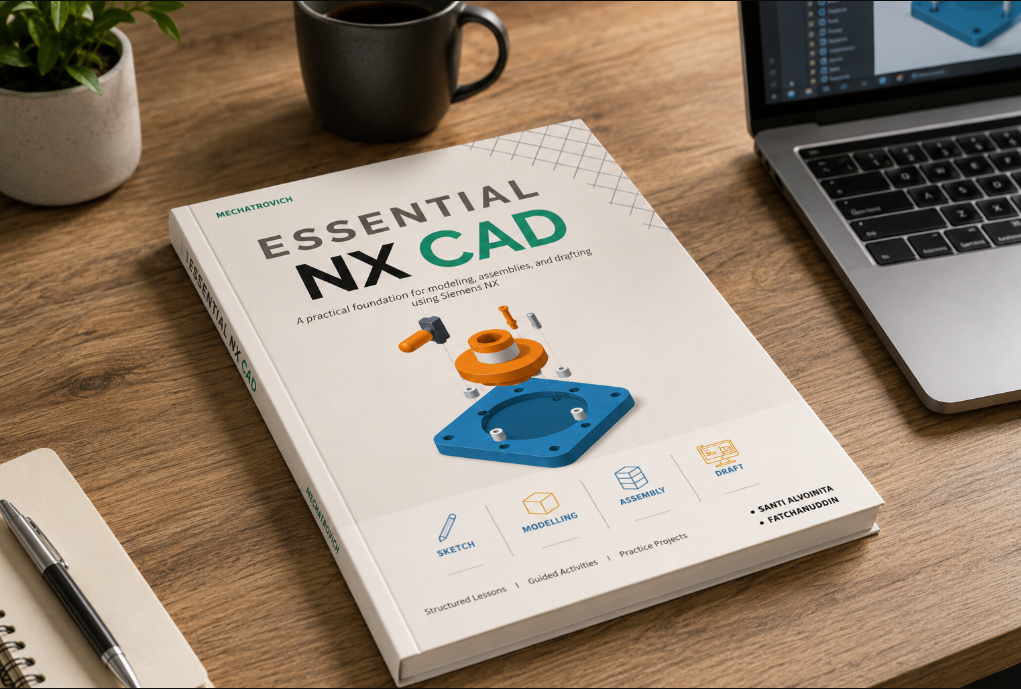 Essential NX CAD book shown beside a laptop running CAD software